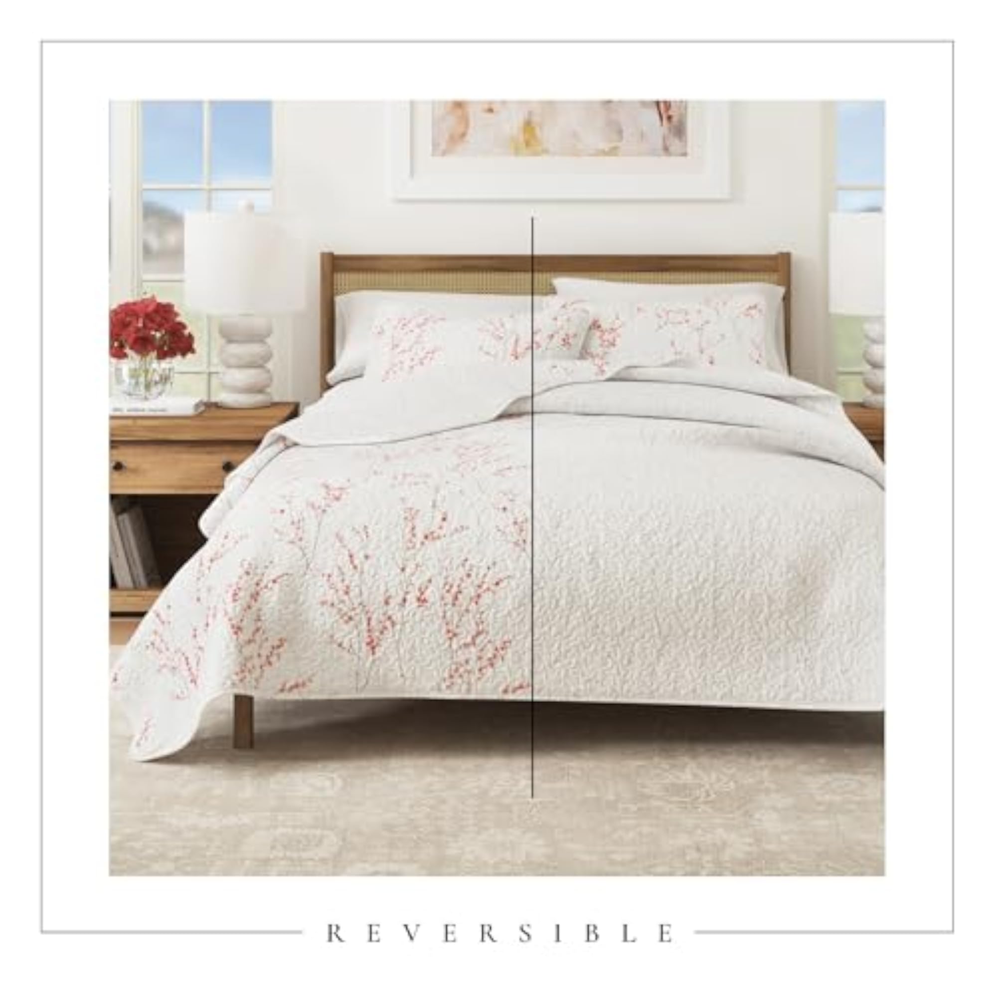 3 Piece Reversible Floral Quilt Set, Twin Size, Cherry Blossoms